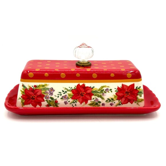 Pioneer Woman Holiday Cheer Red Gold Poinsettias Stoneware Covered Butter Dish - Picture 3 of 16